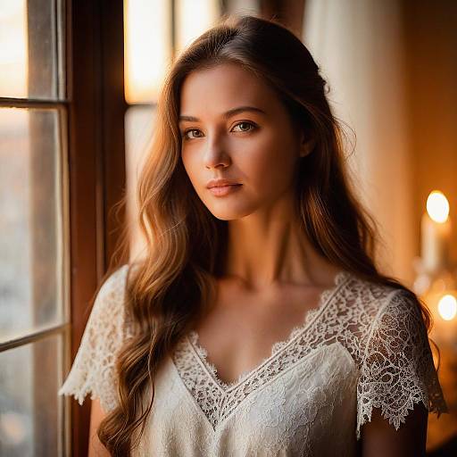 Elegant Woman in Lace Dress by Window with Warm Light