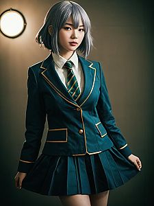 Realistic Cosplay Woman Character Wearing Kaede Costume in Teal School Uniform