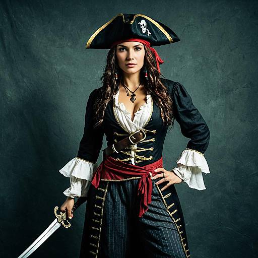 Woman in Pirates of the Caribbean Style Pirate Costume Holding Sword