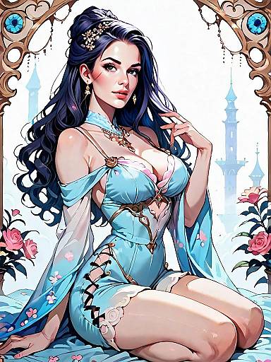 Fantasy Woman in Elegant Blue Gown Full Body Digital Illustration