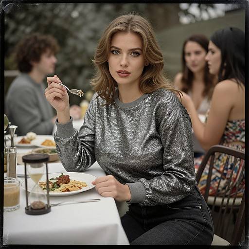 Woman in Silver Sweater Enjoying Outdoor Meal with Friends