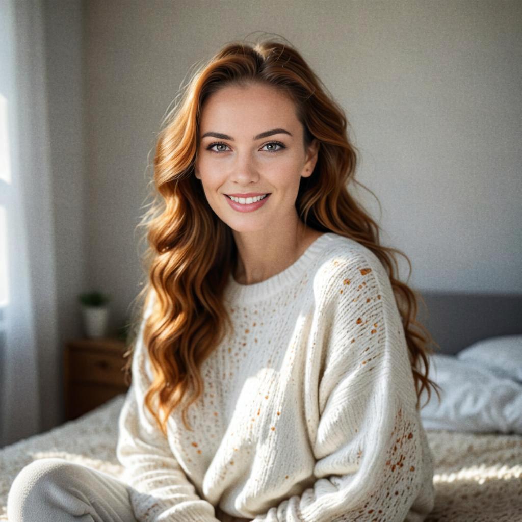 Cheerful Woman in Cozy Bedroom