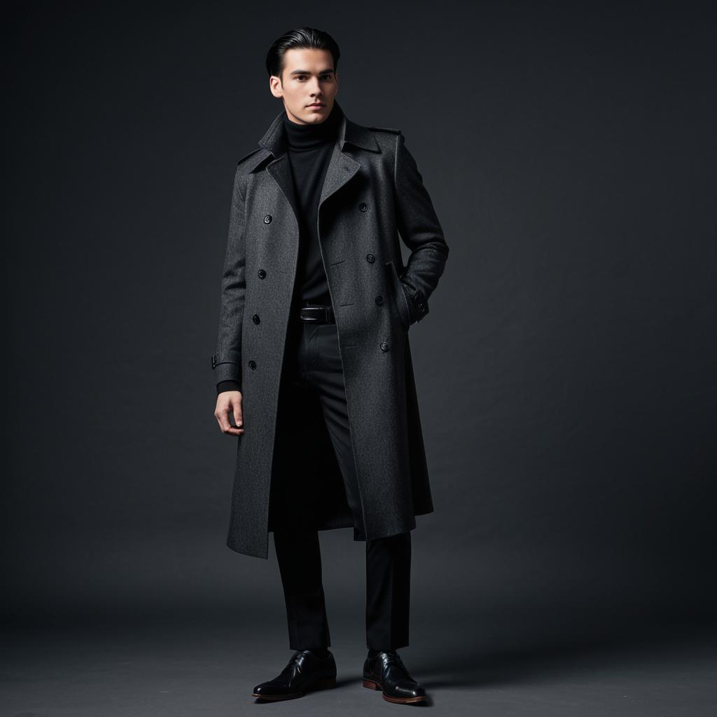 Stylish Man Wearing Charcoal Grey Overcoat and Black Turtleneck