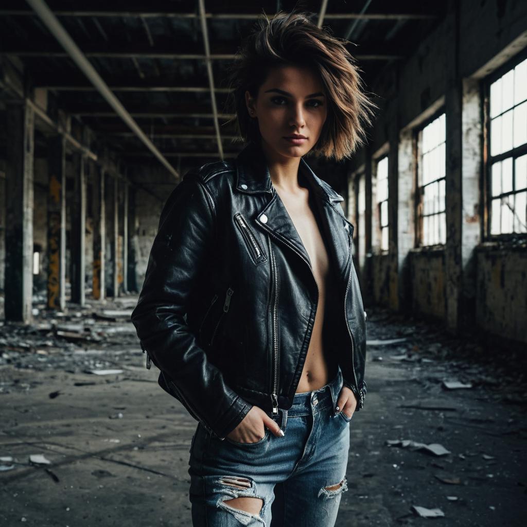 Edgy Woman in Leather Jacket and Ripped Jeans in Abandoned Industrial Space