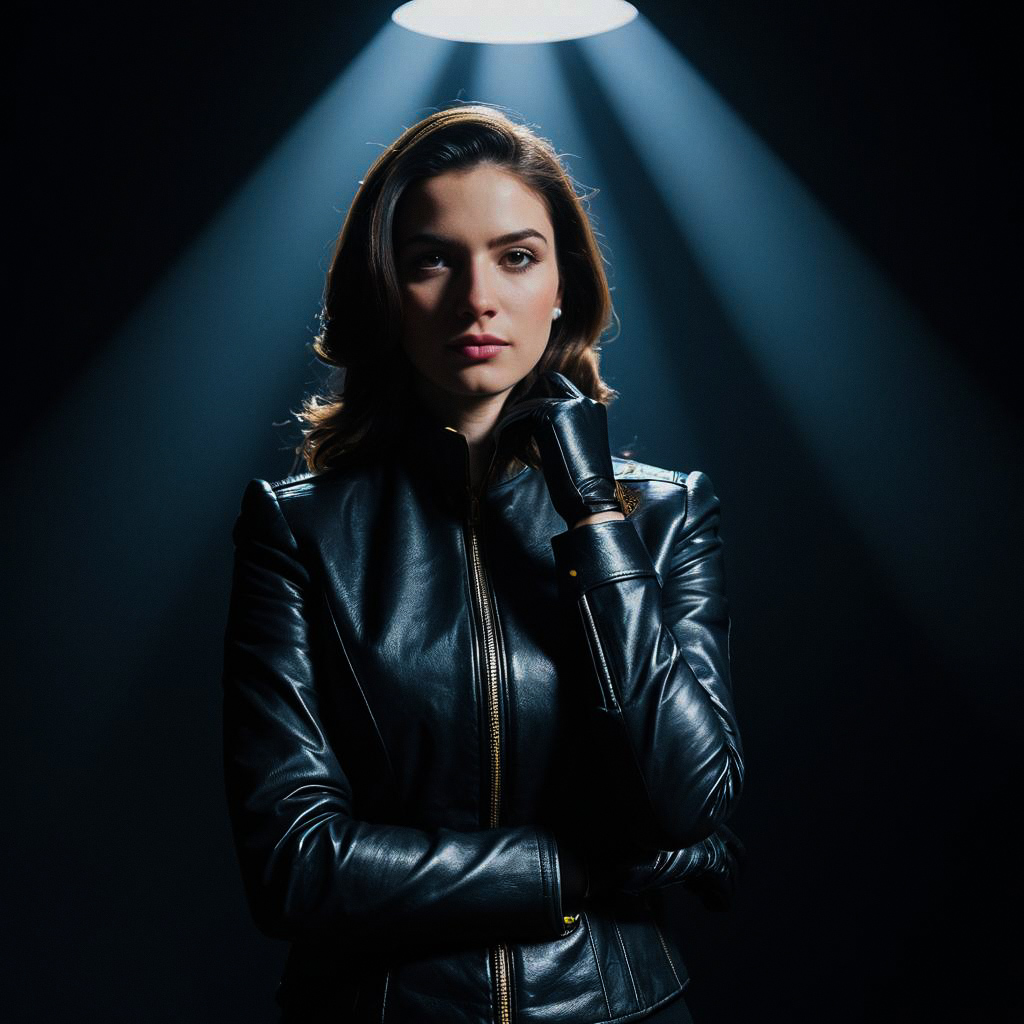 Confident Woman in Black Leather Jacket Under Spotlight