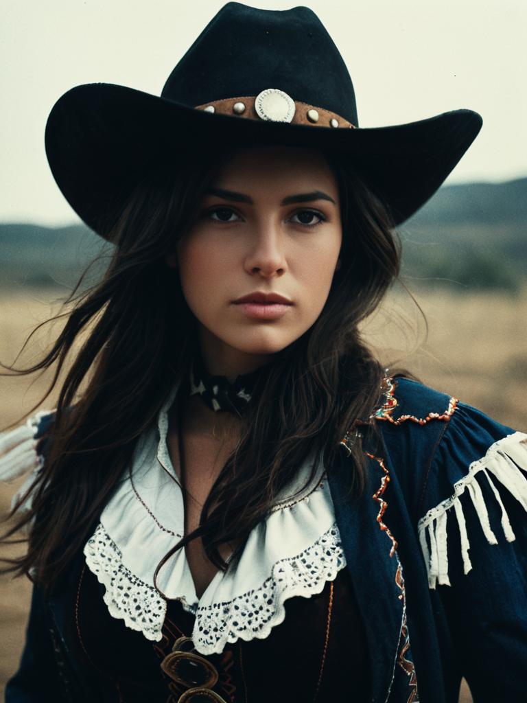 Woman in Cowgirl Fancy Dress Costume with Cinematic Realism