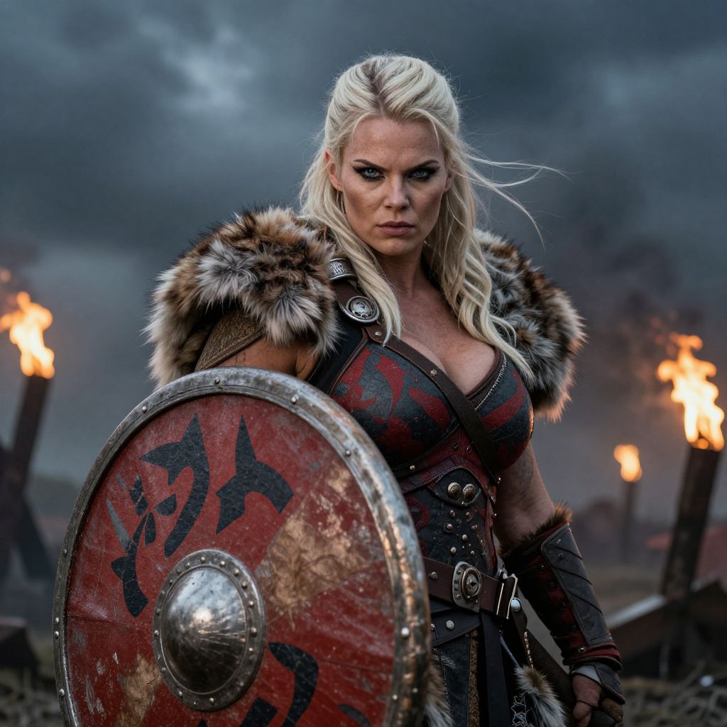 Viking Woman Warrior with Shield in Battle Scene
