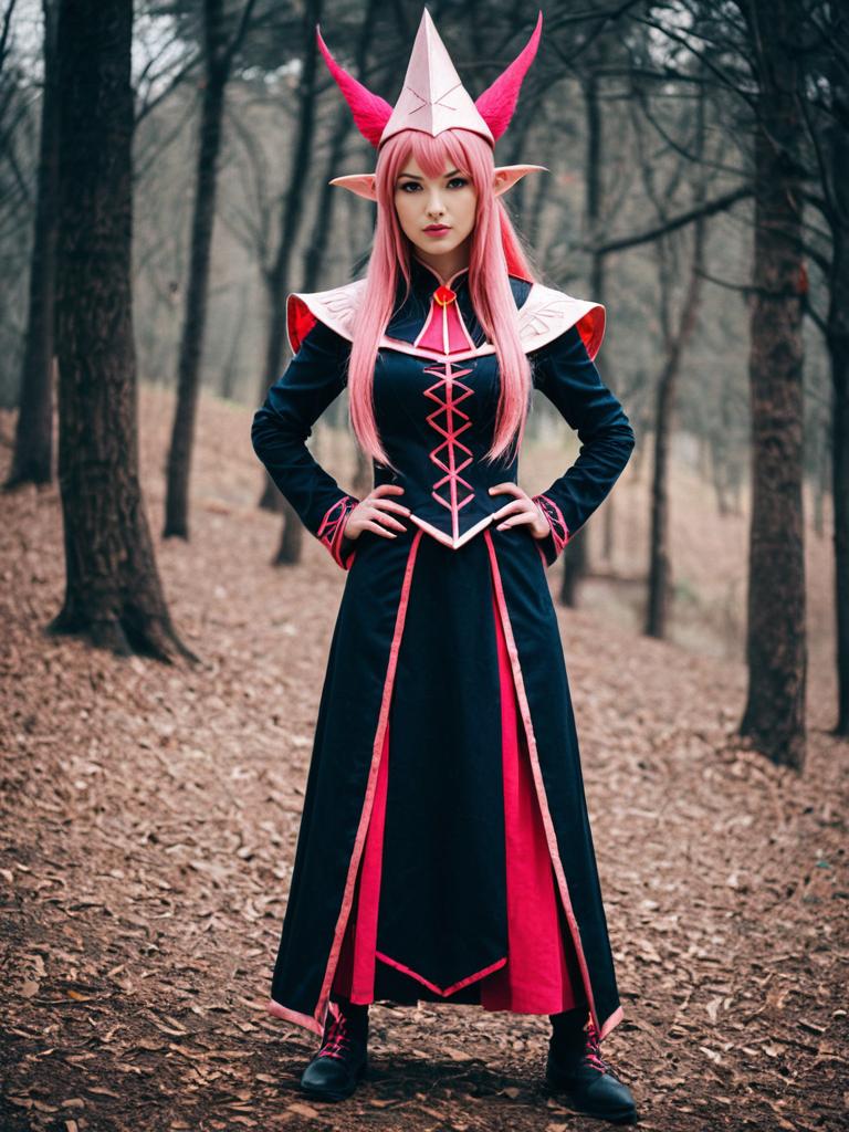 Fantasy Cosplay Woman in Pink and Navy Outfit in Forest
