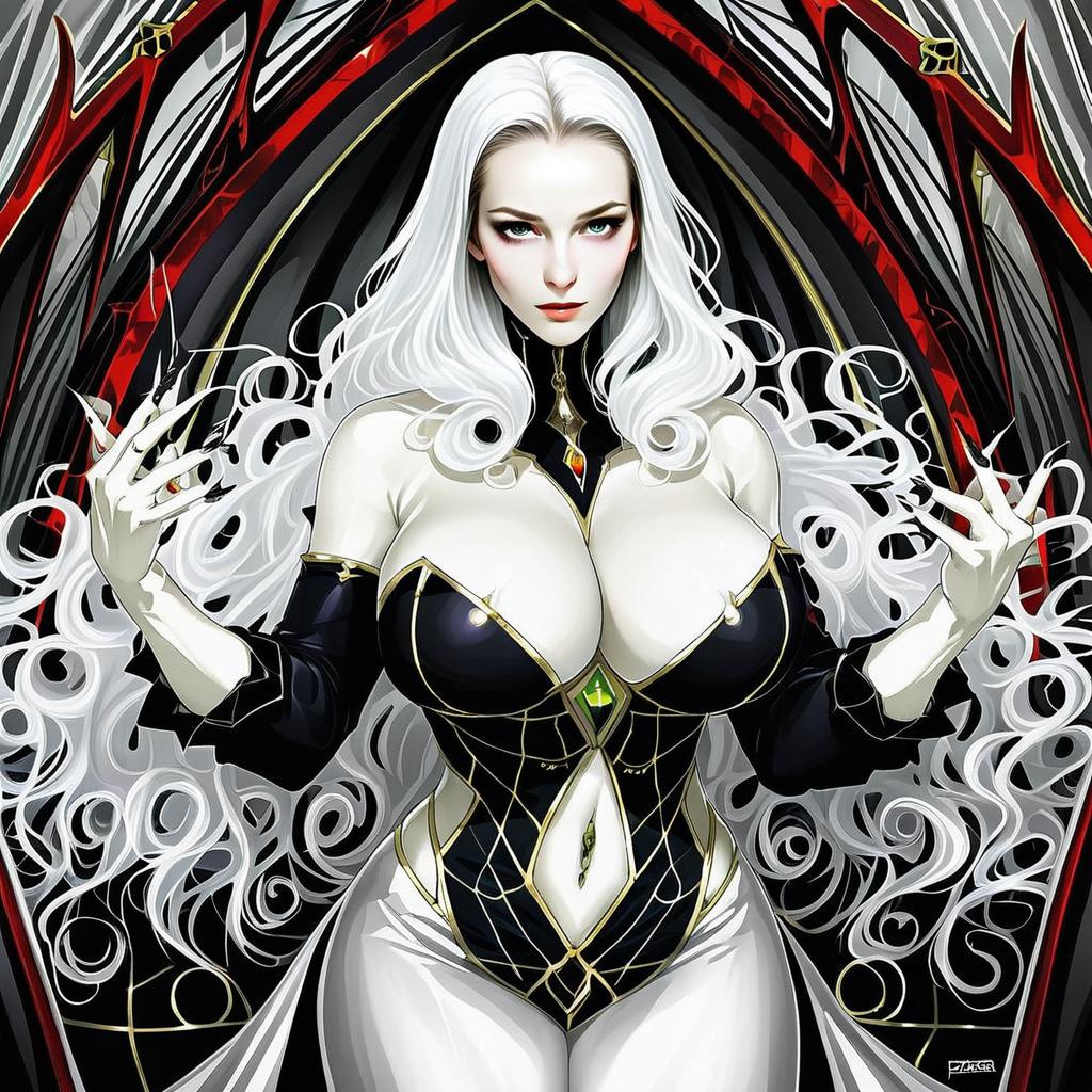 Carmilla Anime Character White Hair Woman Black Gold Outfit Fantasy Art