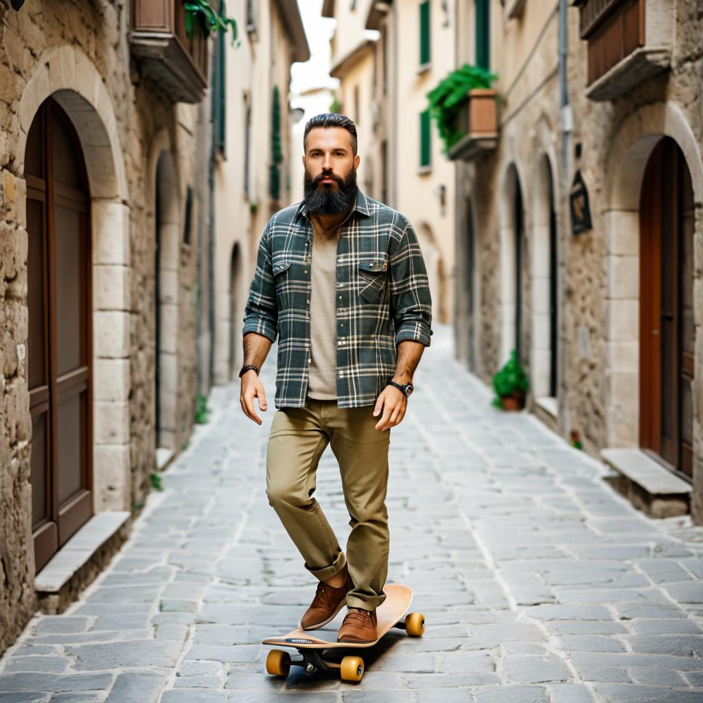 Stylish Man Skateboarding in Cobblestone Alley