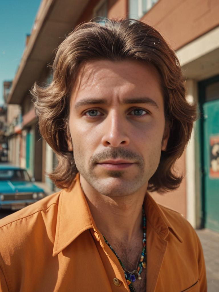 Confident Man with 70s Hairstyle in Urban Setting