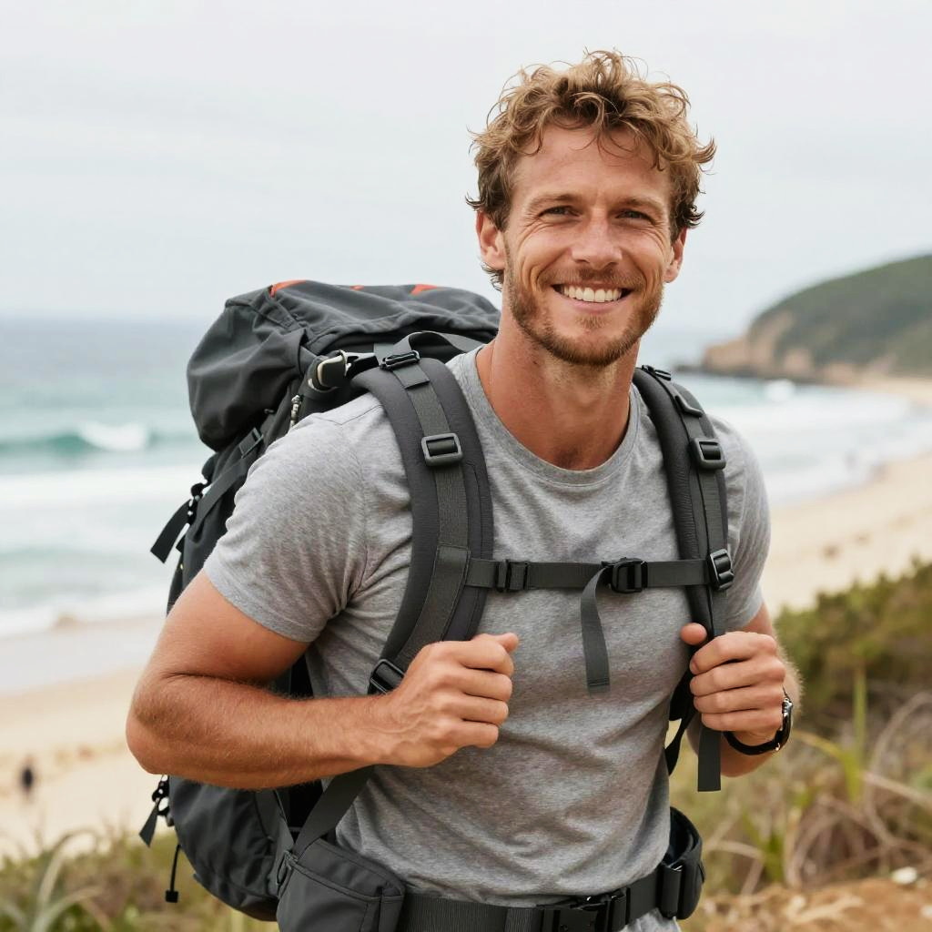 Smiling Man Hiking with Backpack by the Coastal Beach