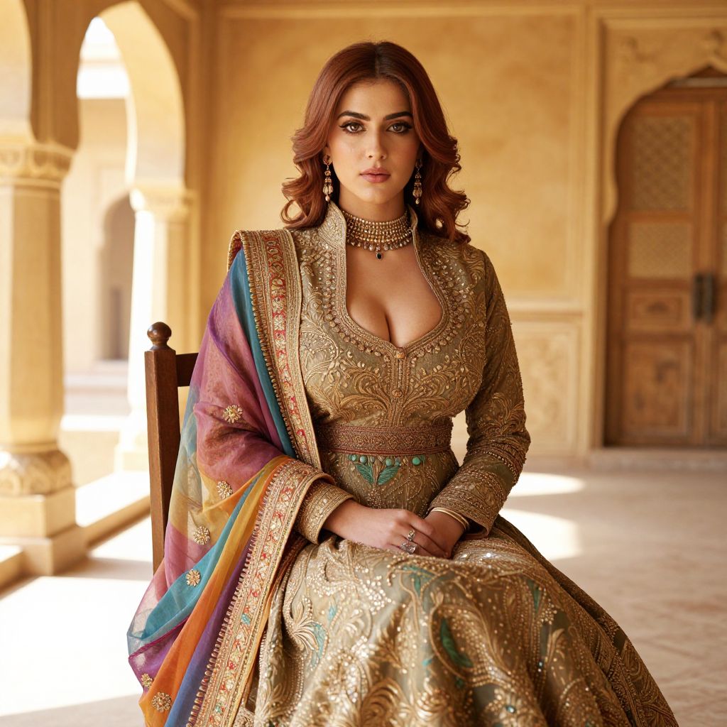 Elegant Woman in Traditional Gold Embroidered Dress with Colorful Dupatta