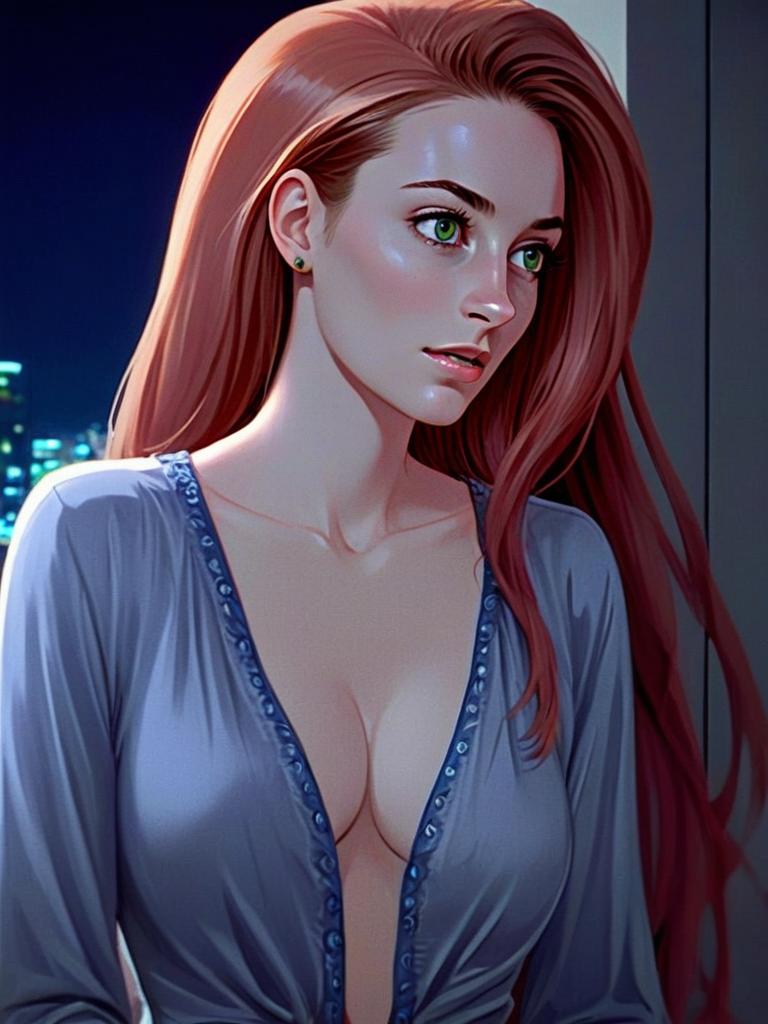 Woman with Red Hair Gazing at City Skyline