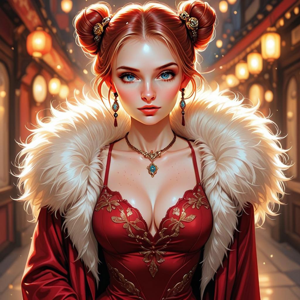 Elegant Woman in Red Dress with White Fur Collar Anime Style Illustration