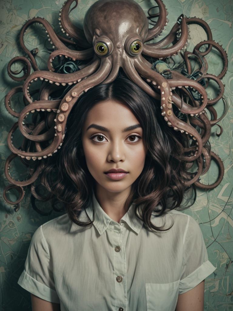 Woman with Octopus Hat - Surreal Art