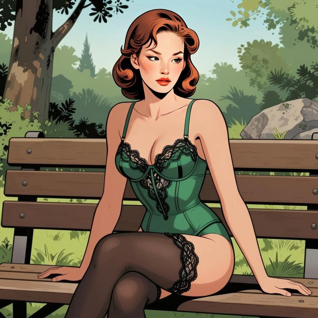 Comic Style Illustration of Woman in Green Lingerie Sitting on Park Bench
