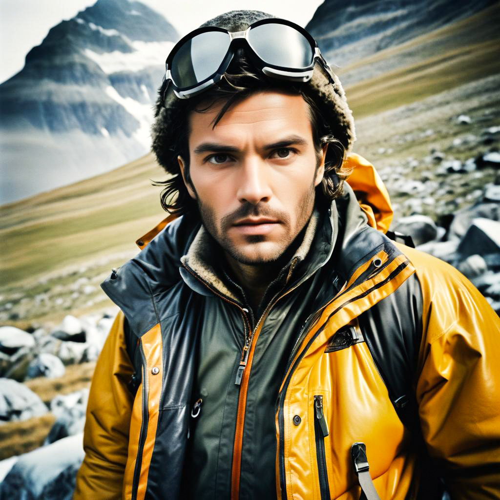 Man in Vibrant Outdoor Gear Against Mountainous Backdrop