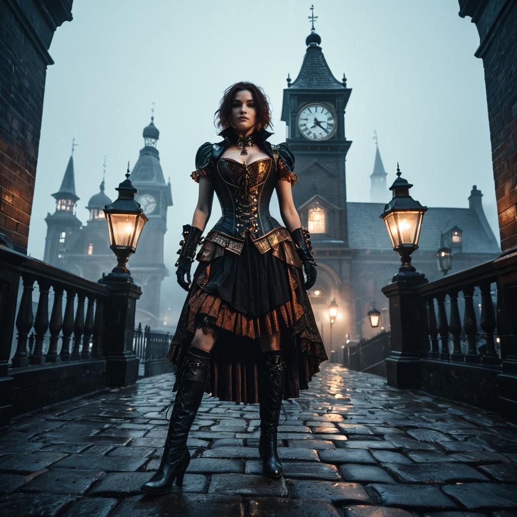 Steampunk Woman in Gothic Clock Tower Street at Dusk