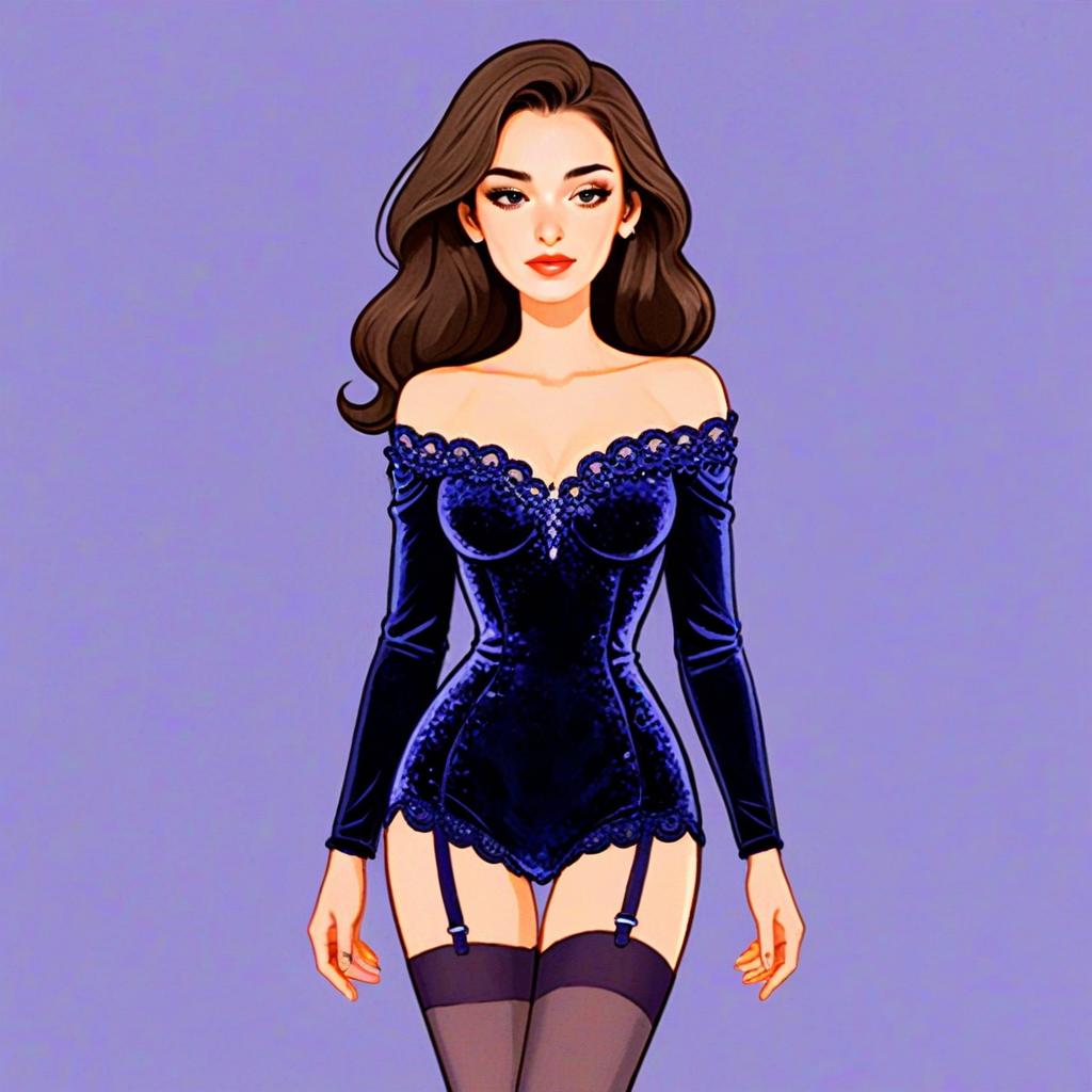 Stylish Woman in Midnight Blue Velvet Bodysuit Digital Illustration