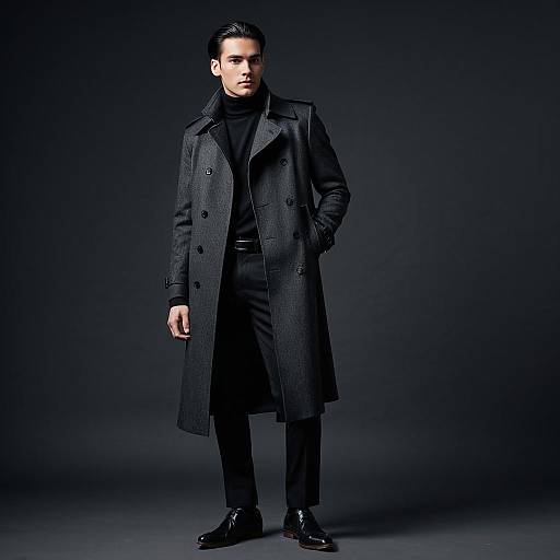 Stylish Man Wearing Charcoal Grey Overcoat and Black Turtleneck