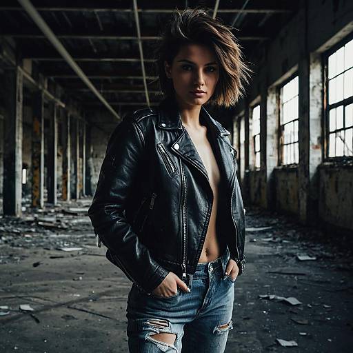 Edgy Woman in Leather Jacket and Ripped Jeans in Abandoned Industrial Space