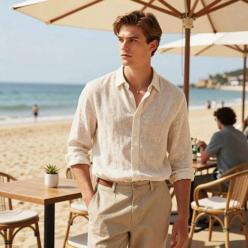 Gen Z Young Man in Summer Linen Shirt at Beach Cafe