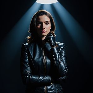 Confident Woman in Black Leather Jacket Under Spotlight