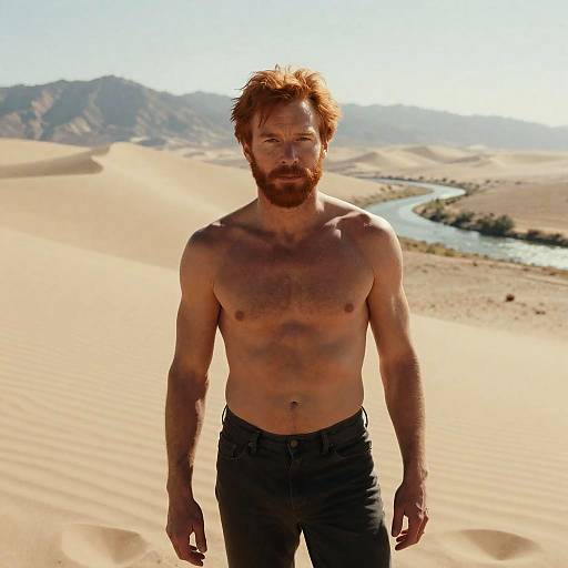 Shirtless Red-Haired Man Standing in Desert Landscape with River and Mountains