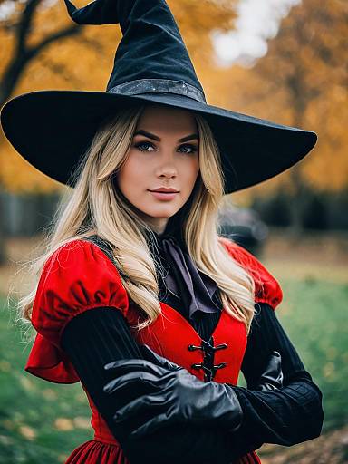 Celebrity Witch Costume with Black Hat and Red Dress Outdoors