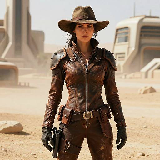 Woman in Sci-Fi Western Leather Outfit in Desert