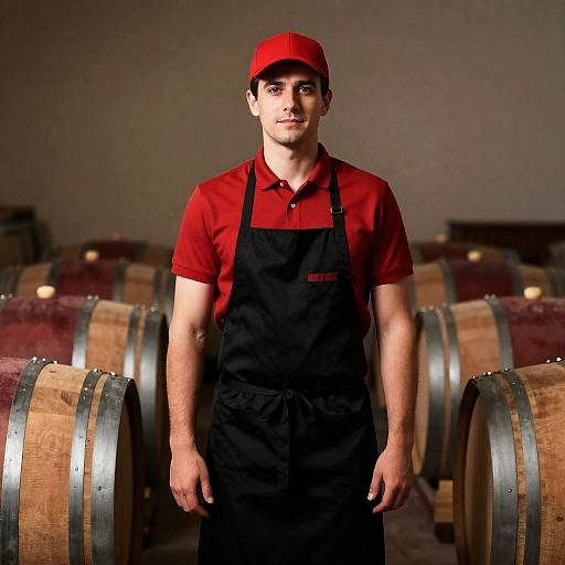 Man in Winery Attire Standing Among Wine Barrels