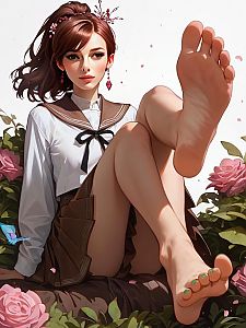 Anime Style Young Woman in Japanese School Uniform with Bare Feet Among Roses