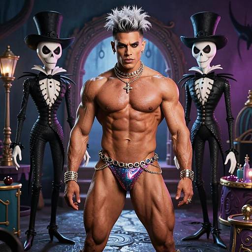 Muscular Man in Metallic Loincloth with Gothic Skeletons in Fantasy Setting