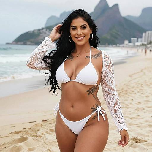 Smiling Woman in White Bikini and Lace Cover-Up on Beach with Mountain View