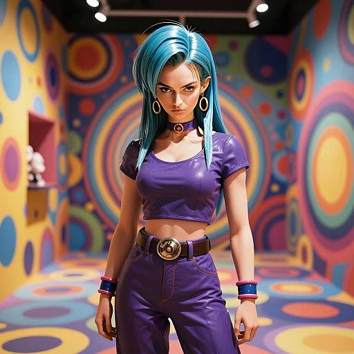 Woman with Blue Hair in Retro-Futuristic Purple Outfit in Psychedelic Room