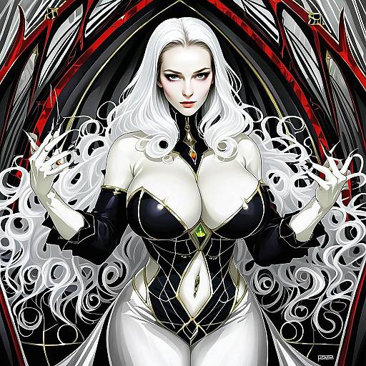 Carmilla Anime Character White Hair Woman Black Gold Outfit Fantasy Art