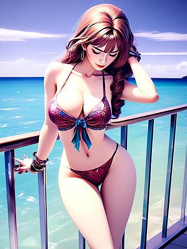 Anime Style Woman in Purple Bikini on Ocean Balcony Digital Art