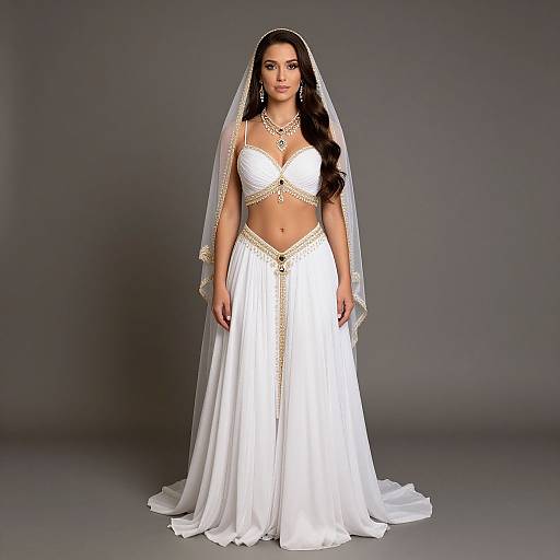 Elegant Two-Piece White Bridal Gown with Gold Embellishments and Veil
