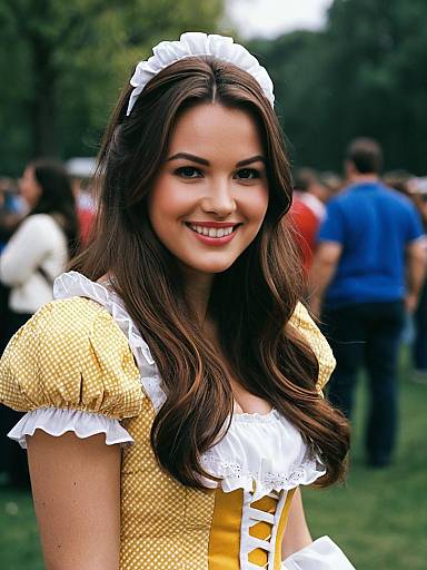 Young Woman Wearing Realistic Belle Costume in Yellow Gingham Dress
