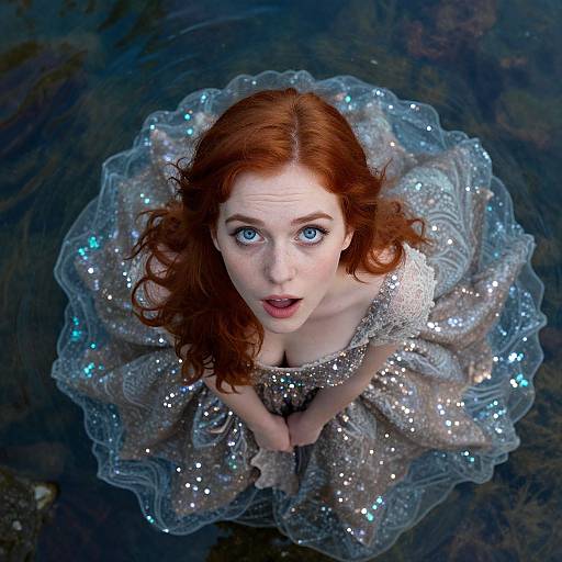 Red-Haired Woman in Sparkling Gown Looking Upward