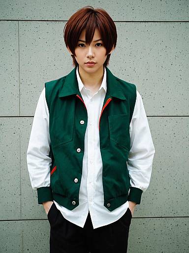 Portrait of Young Woman in Green Vest and White Shirt Against Concrete Wall Harada Mutei