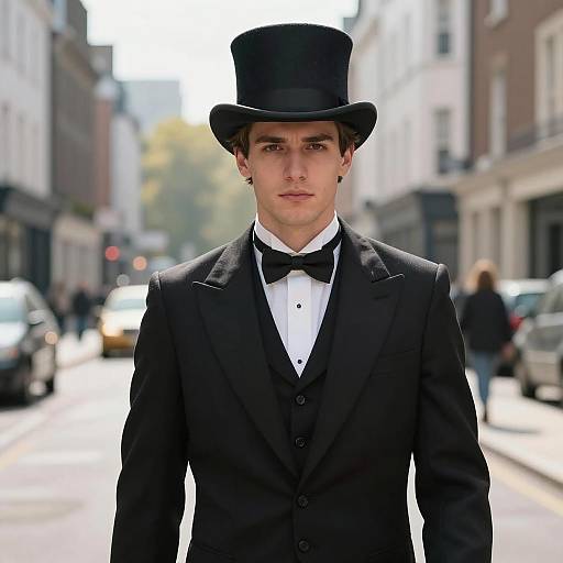 Young Man in Classic Black Tuxedo with Top Hat on City Street