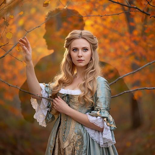 Young Woman in Historical Gown with Autumn Foliage Background