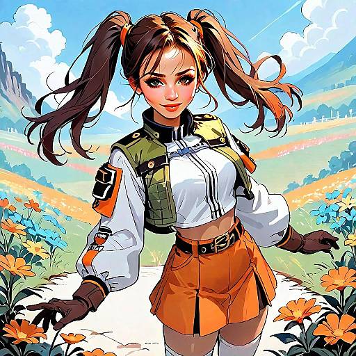 Anime Style Young Woman in Vibrant Flower Field Wearing Orange Skirt and Olive Vest