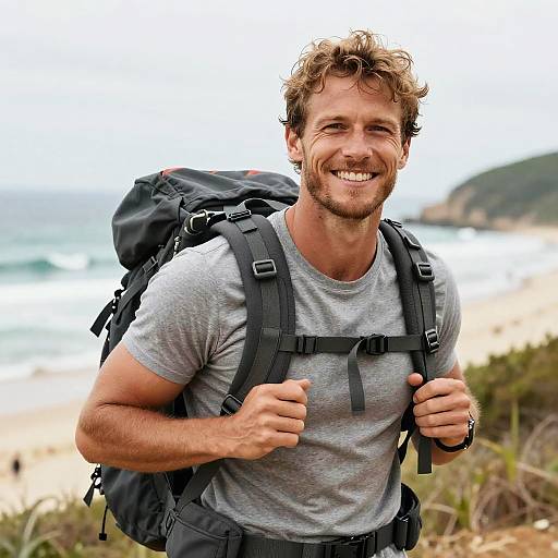 Smiling Man Hiking with Backpack by the Coastal Beach