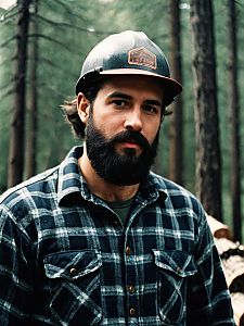 Bearded Man Wearing Lumberjack Shirt and Cap in Forest