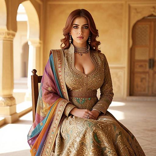 Elegant Woman in Traditional Gold Embroidered Dress with Colorful Dupatta