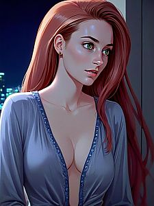 Woman with Red Hair Gazing at City Skyline