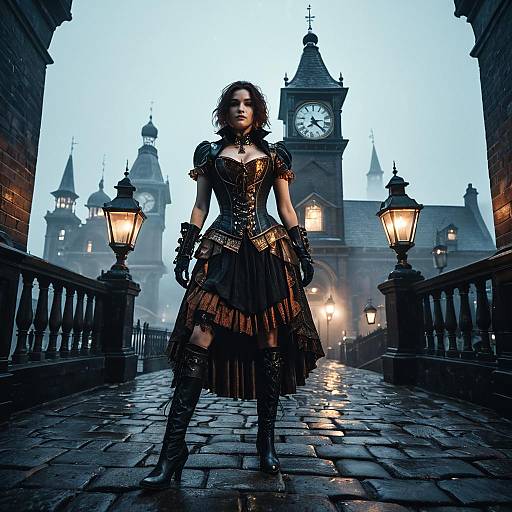 Steampunk Woman in Gothic Clock Tower Street at Dusk